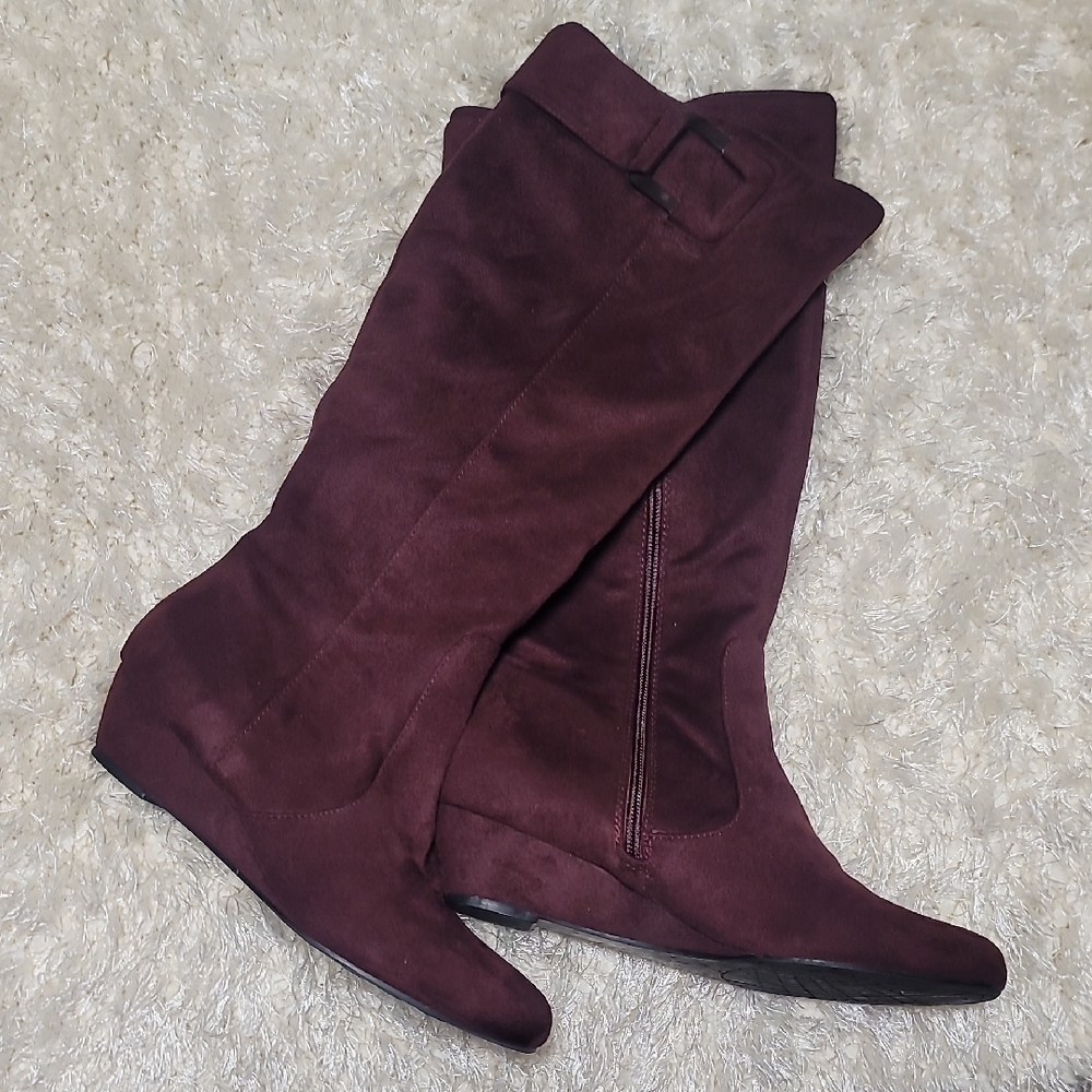 Women's Burgundy Suede Wedge Knee-High Boots